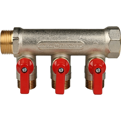 Коллектор Stout с шаровыми кранами 3/4x1/2 с 3 отводами, красный, SMB 6200 341203